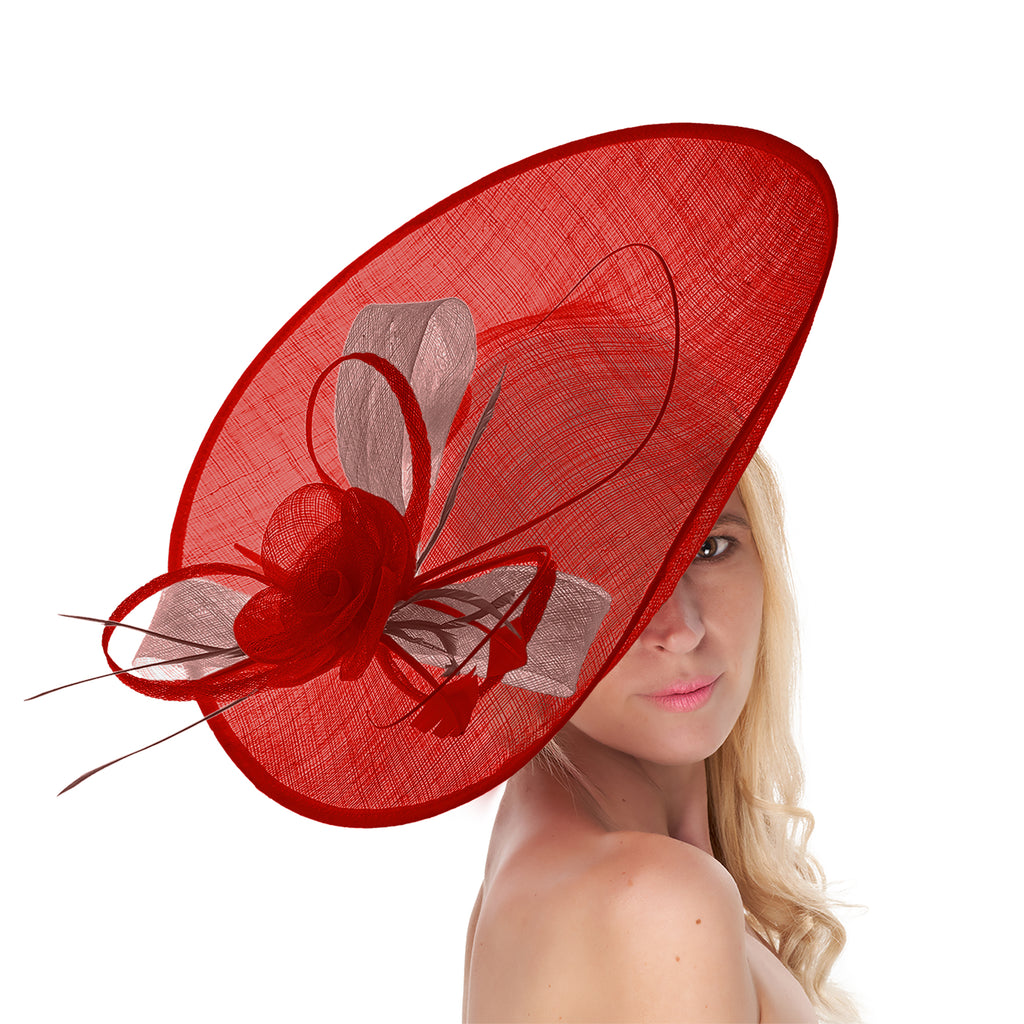 Rouge poussiéreux rose 41 cm mélange grand Sinamay Hatinator disque soucoupe bord chapeau bibi sur bandeau