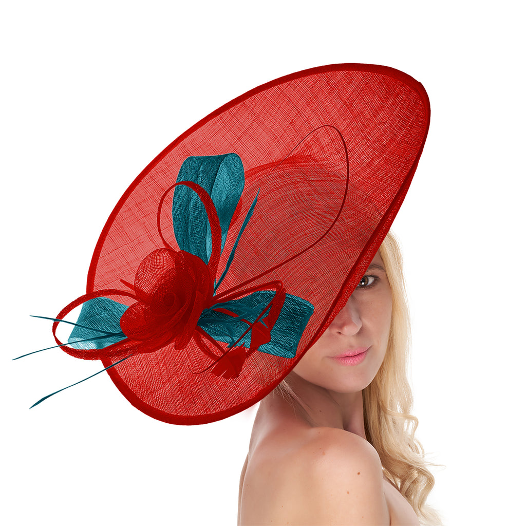 Rouge sarcelle 41 cm mélange grand Sinamay Hatinator disque soucoupe bord chapeau bibi sur bandeau