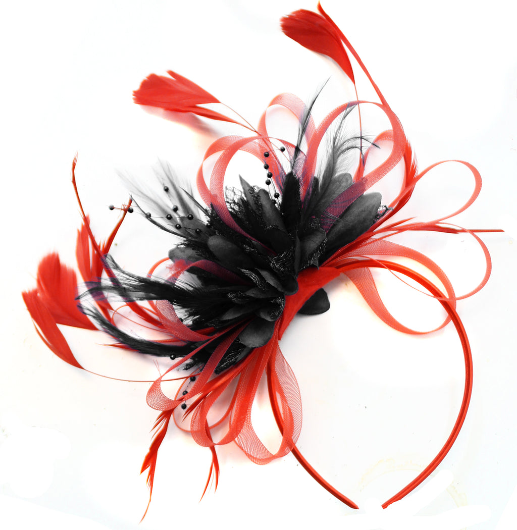 Caprilite Scarlet Red & Black Feathers Fascinator On Headband
