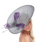 Silver Grey Lavender 41cm Large Sinamay Hatinator Disc Saucer Brim Hat Fascinator on Headband