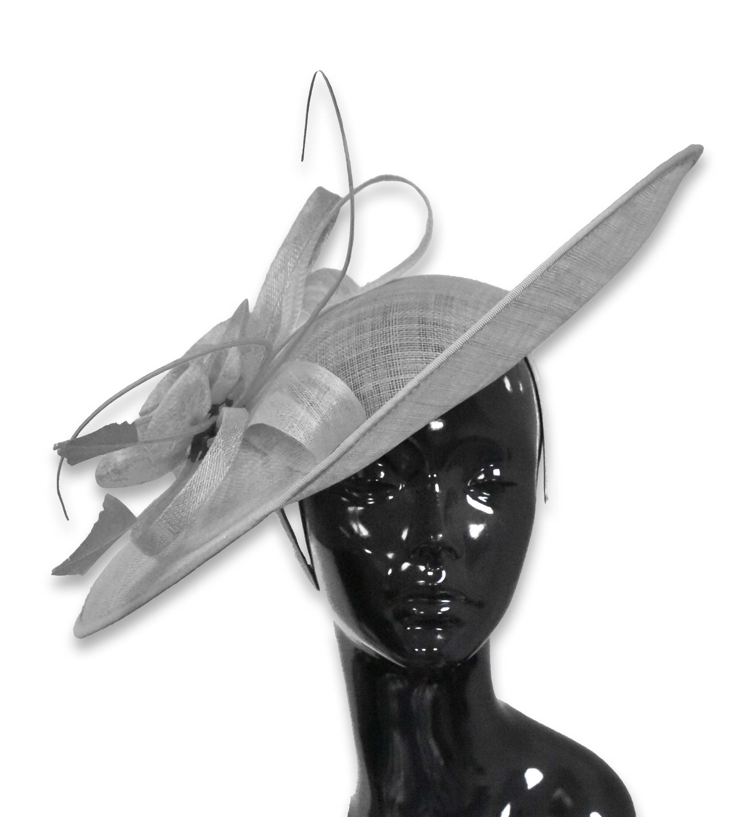 Argent gris poussiéreux rose 41 cm grand Sinamay Hatinator disque soucoupe bord chapeau bibi sur bandeau