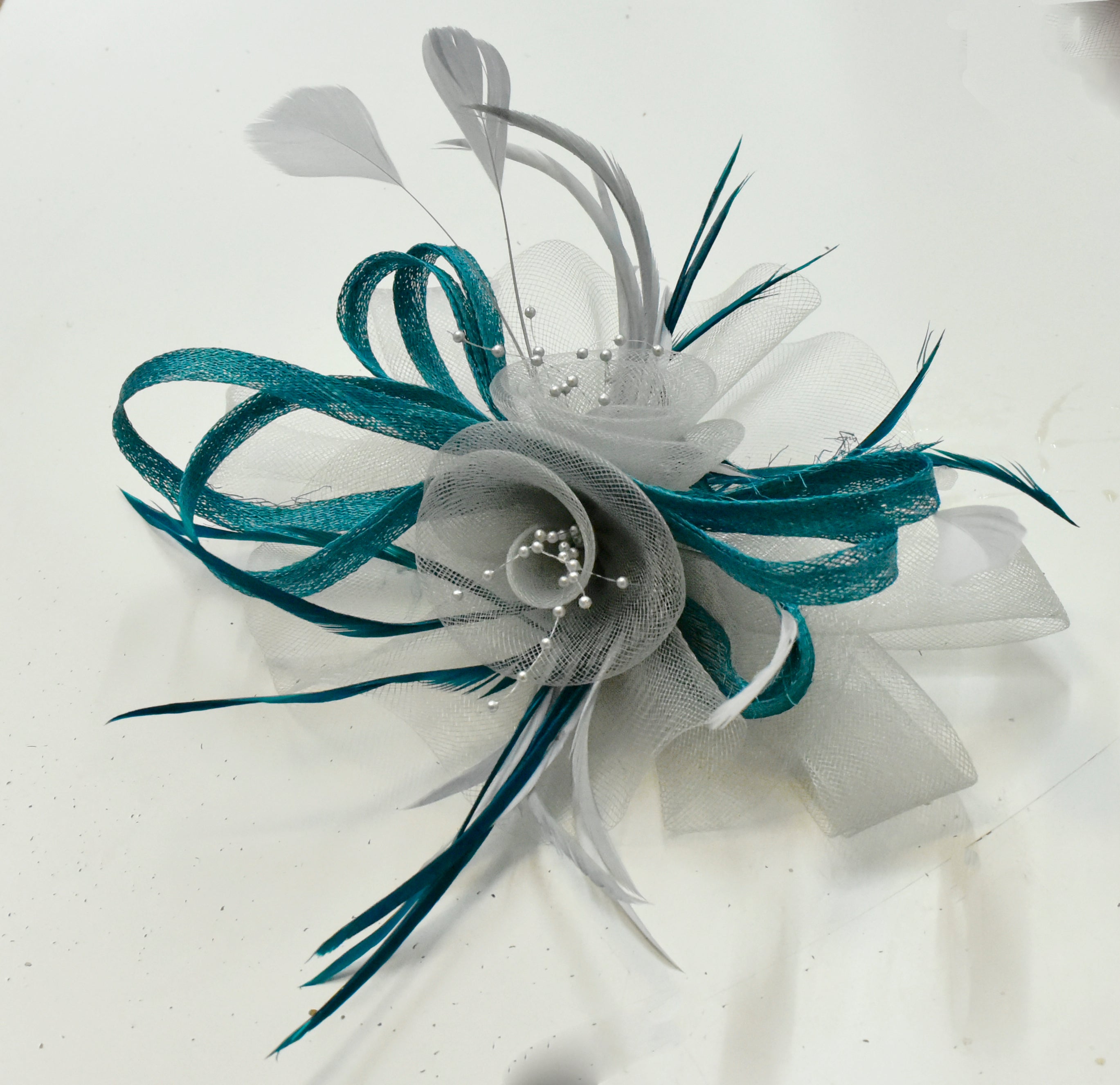 Silver and Teal Butterfly Fascinator with Sinamay and Crinoline