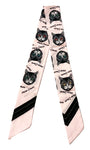 Womens 90cm Long Reversible Skinny Scarf Faux Silk Head Scarves Bag Charm Bow[Black Cat on Blush Pink Frame]