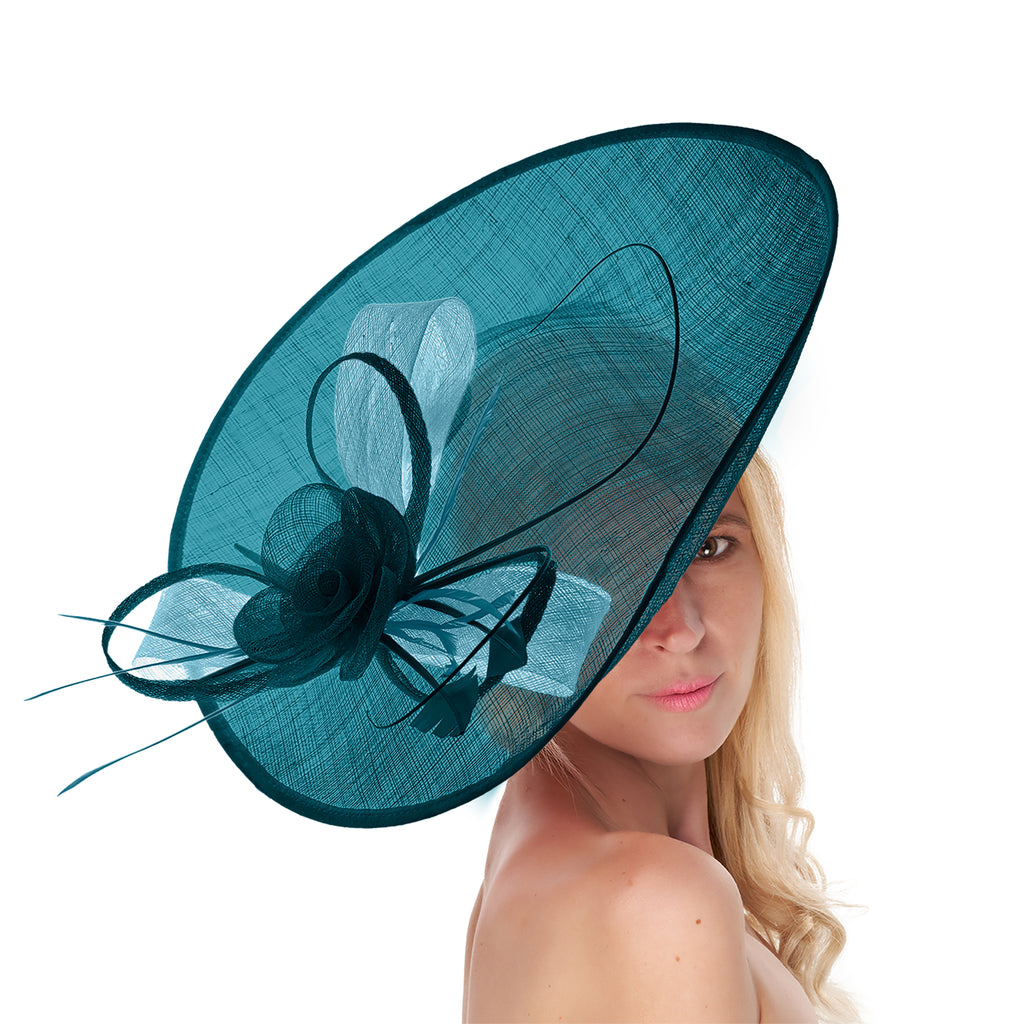 Teal Cornflower 41cm Large Sinamay Hatinator Disc Saucer Brim Hat Fascinator on Headband