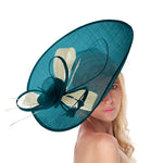 Teal Cream 41cm Large Sinamay Hatinator Disc Saucer Brim Hat Fascinator on Headband