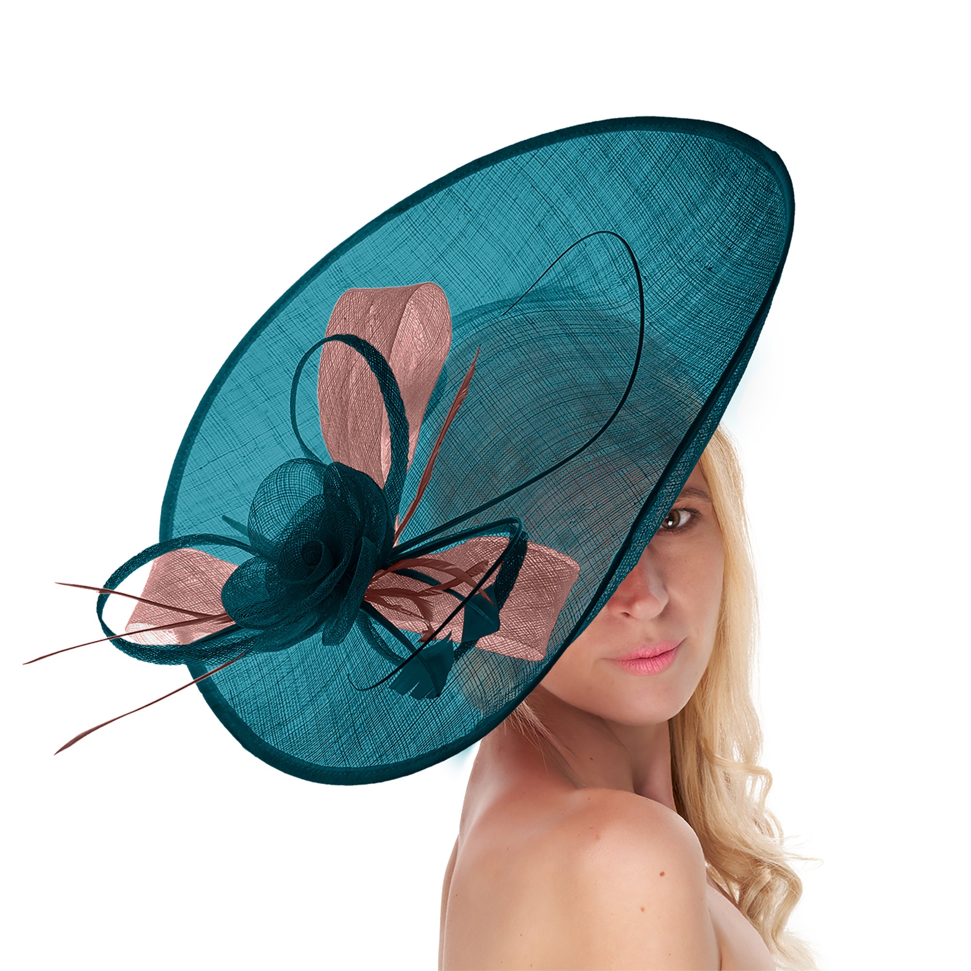 Teal Dusty Pink 41cm Large Sinamay Hatinator Disc Saucer Brim Hat Fascinator on Headband