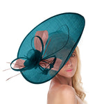 Teal Dusty Pink 41cm Large Sinamay Hatinator Disc Saucer Brim Hat Fascinator on Headband