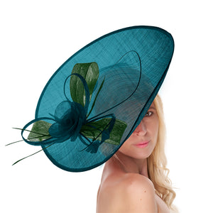 Teal Green 41cm Large Sinamay Hatinator Disc Saucer Brim Hat Fascinator on Headband