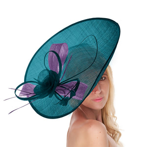 Teal Lavender 41cm Large Sinamay Hatinator Disc Saucer Brim Hat Fascinator on Headband