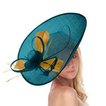 Teal Mustard 41cm Large Sinamay Hatinator Disc Saucer Brim Hat Fascinator on Headband