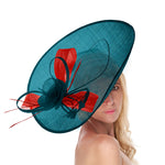 Teal Red 41cm Large Sinamay Hatinator Disc Saucer Brim Hat Fascinator on Headband