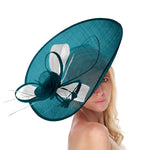 Teal White 41cm Large Sinamay Hatinator Disc Saucer Brim Hat Fascinator on Headband