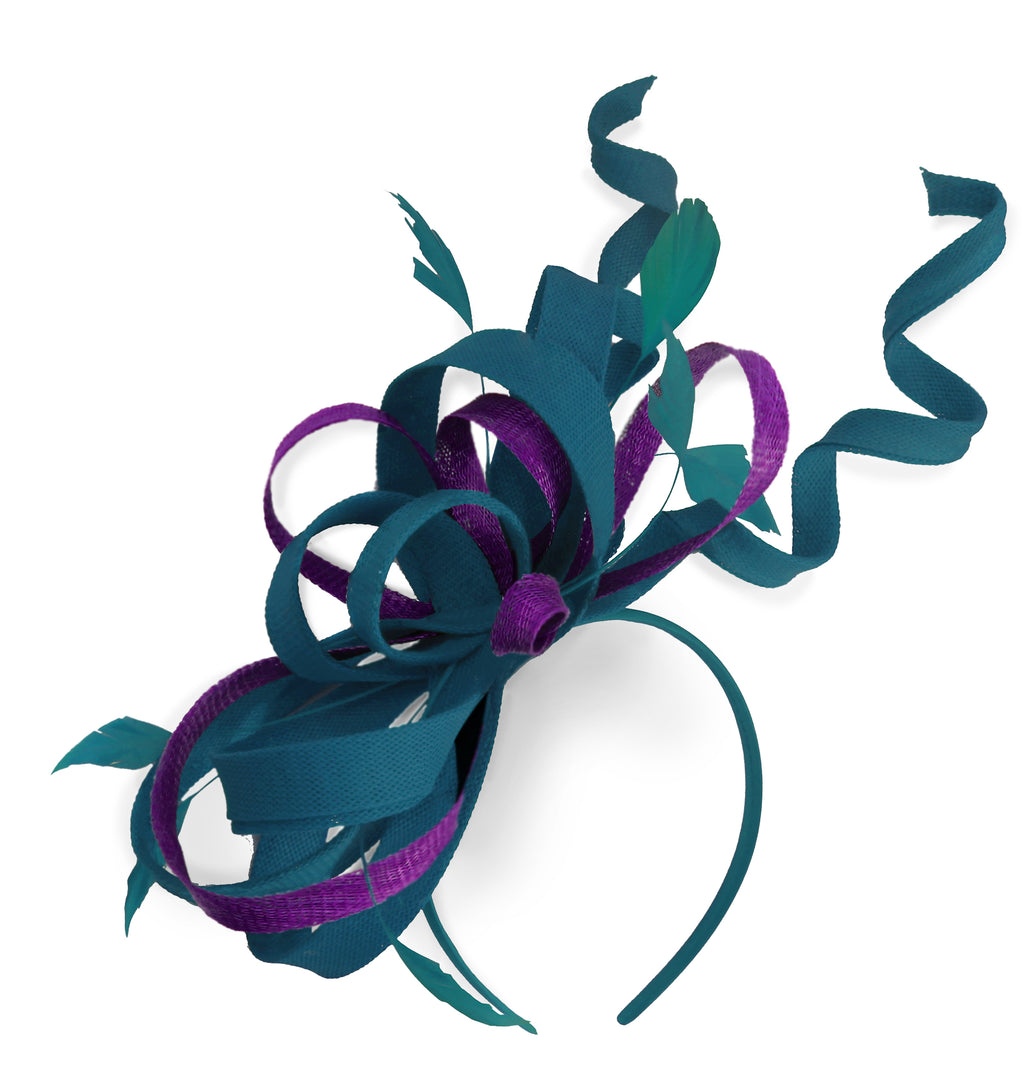 Caprilite Sarcelle et Violet Foncé Mariage Swirl Fascinator Bandeau Alice Band Ascot Races Loop Net