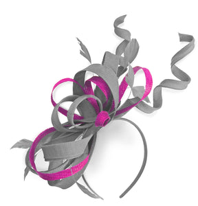Caprilite Silver Grey and Fuchsia Hot Pink Wedding Swirl Fascinator Headband Alice Band Ascot Races Loop Net