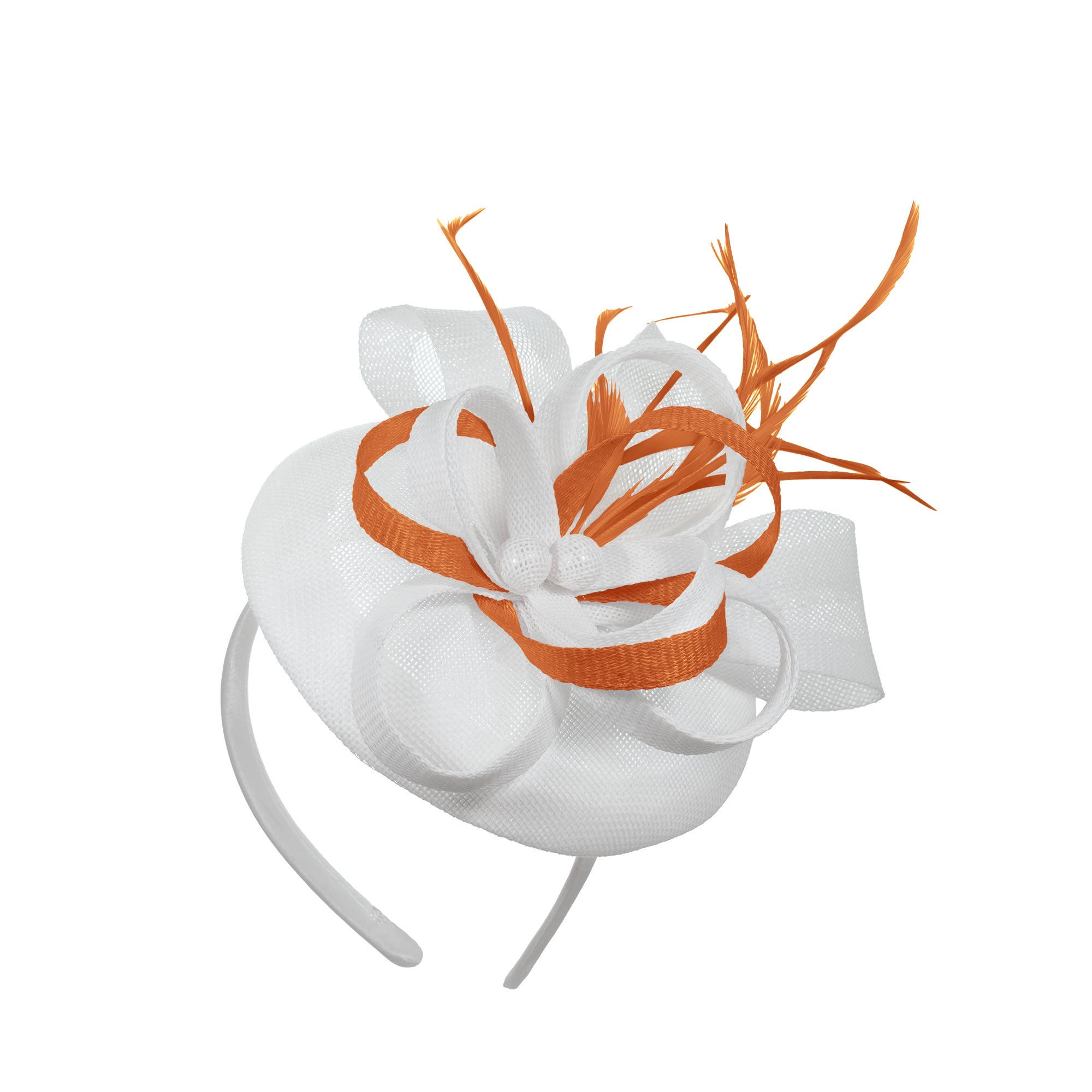 White Burnt Orange Mix Round Pillbox Bow Sinamay Headband Fascinator Weddings Ascot Hatinator Races