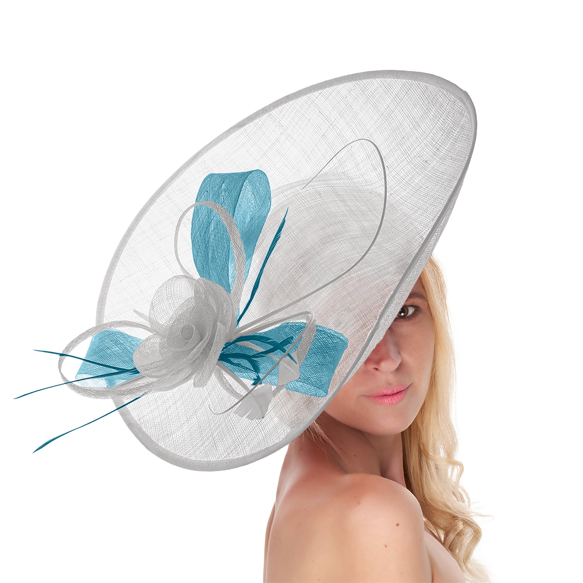 White Cornflower Mix 41cm Large Sinamay Hatinator Disc Saucer Brim Hat Fascinator on Headband