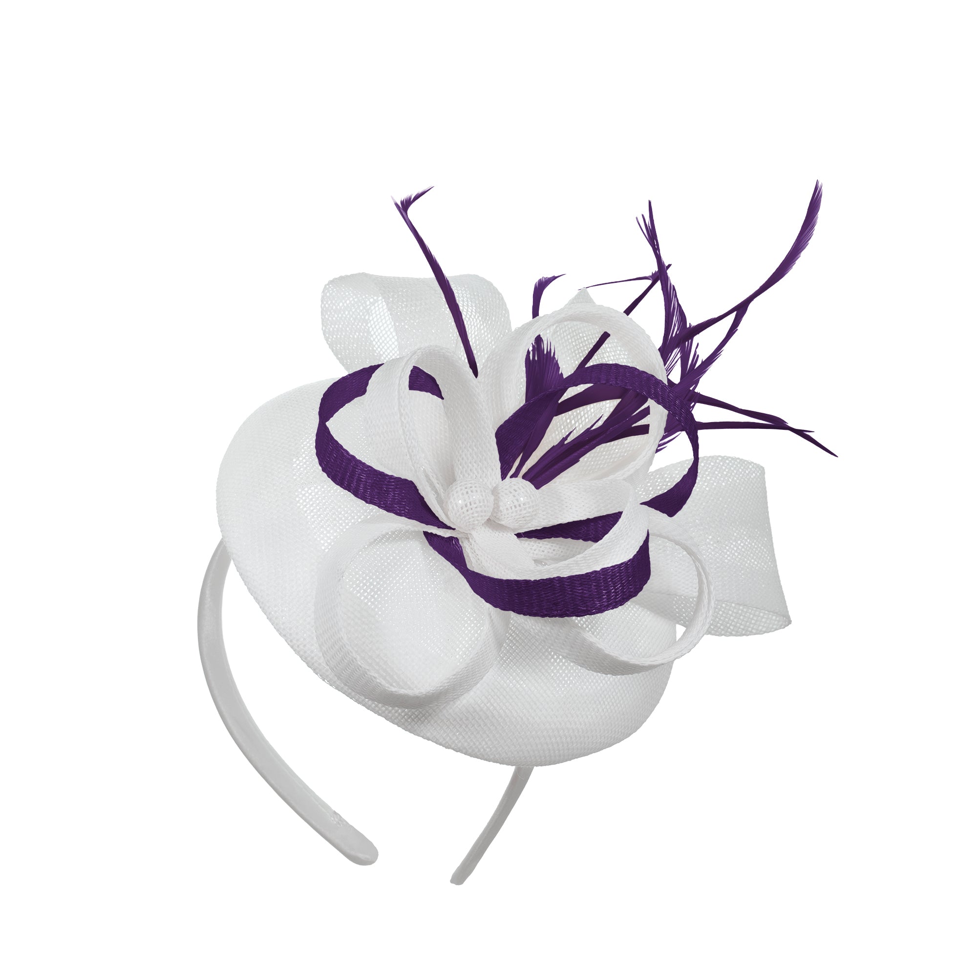 White Dark Purple Mix Round Pillbox Bow Sinamay Headband Fascinator Weddings Ascot Hatinator Races