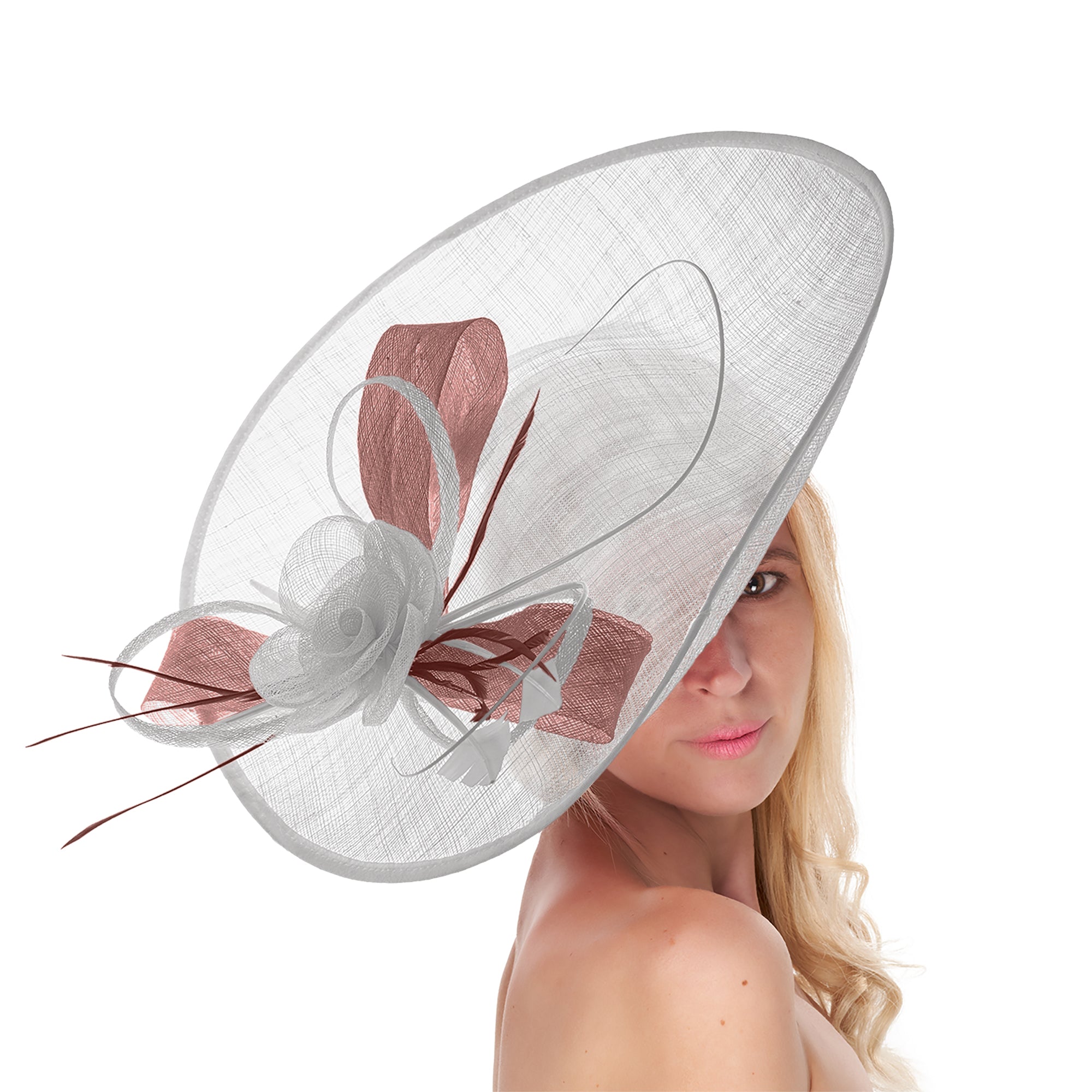 Blanc poussiéreux rose mélange 41 cm grand Sinamay Hatinator disque soucoupe bord chapeau bibi sur bandeau