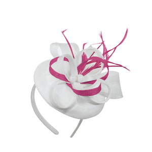 White Fuchsia Mix Round Pillbox Bow Sinamay Headband Fascinator Weddings Ascot Hatinator Races