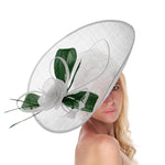 White Green Mix 41cm Large Sinamay Hatinator Disc Saucer Brim Hat Fascinator on Headband