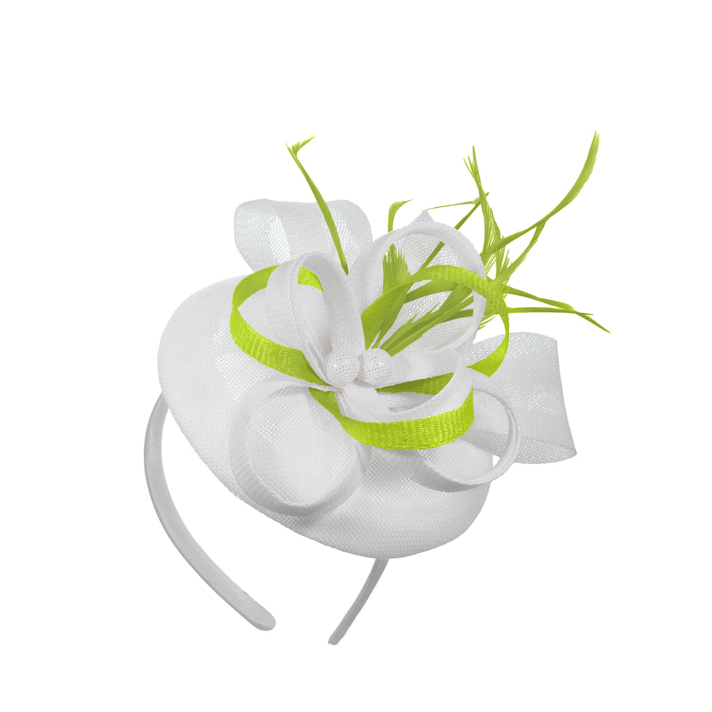 White Lime Mix Round Pillbox Bow Sinamay Headband Fascinator Weddings Ascot Hatinator Races