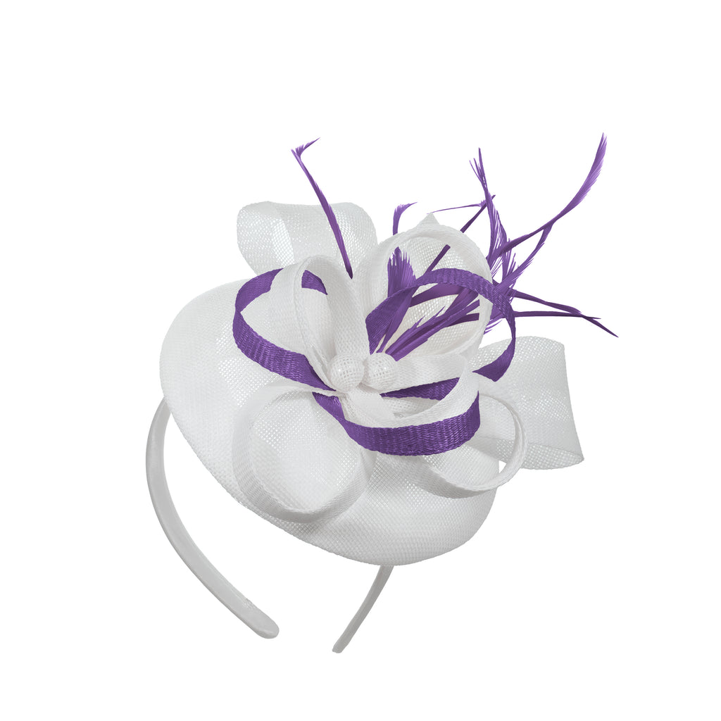 White Purple Mix Round Pillbox Bow Sinamay Headband Fascinator Weddings Ascot Hatinator Races