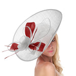 White Red Mix 41cm Large Sinamay Hatinator Disc Saucer Brim Hat Fascinator on Headband