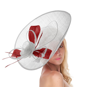 Blanc Rouge Mélange 41 cm Grand Sinamay Hatinator Disque Soucoupe Bord Chapeau Fascinateur sur Bandeau