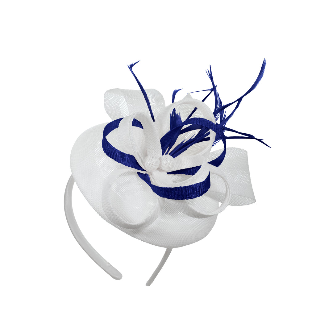 White Royal Blue Mix Round Pillbox Bow Sinamay Headband Fascinator Weddings Ascot Hatinator Races