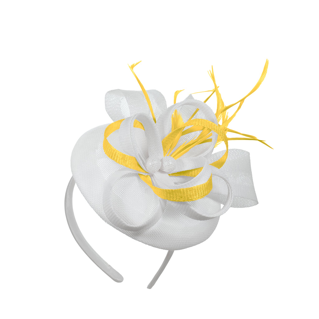 White Yellow Mix Round Pillbox Bow Sinamay Headband Fascinator Weddings Ascot Hatinator Races