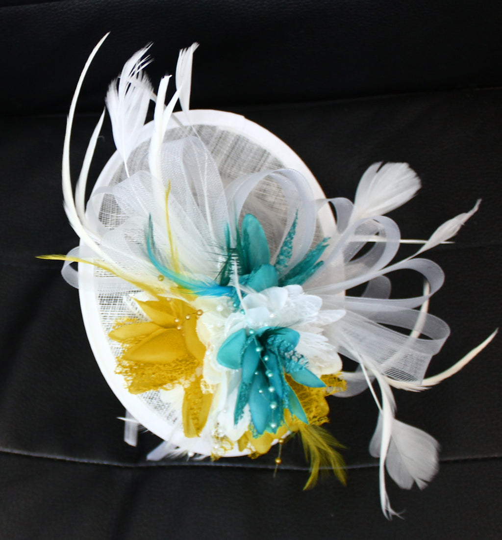 White Teal Turquoise and Mustard Sinamay Disc Hat