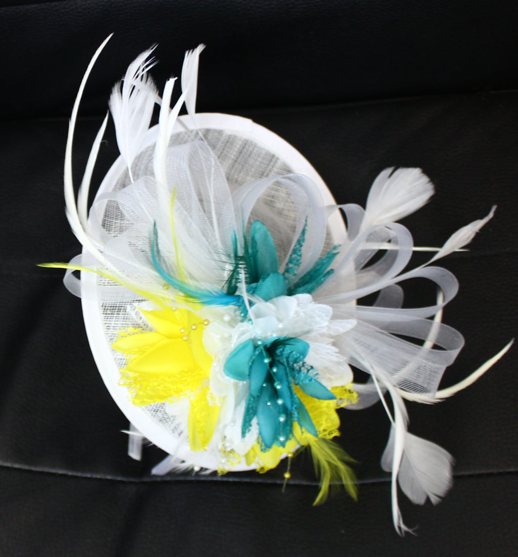 White Teal Turquoise and Yellow Sinamay Disc Hat