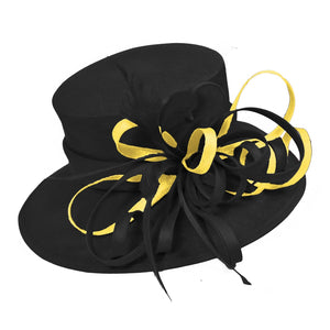 Noir et jaune grand chapeau à bord de reine Occasion Hatinator Fascinator mariages formels