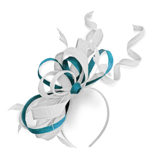 Caprilite White and Aqua Wedding Swirl Fascinator Headband Alice Band Ascot Races Loop Net