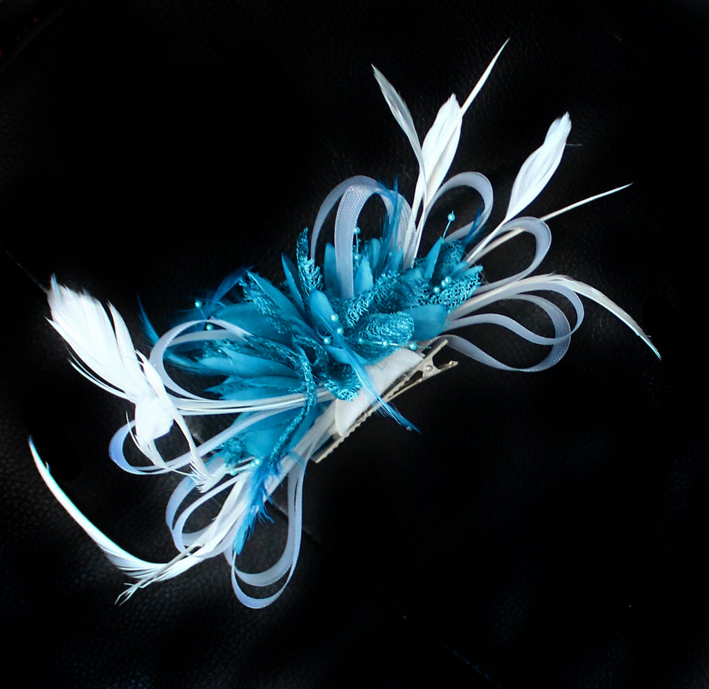 White and Aqua Hoopmix Fascinator on Clip