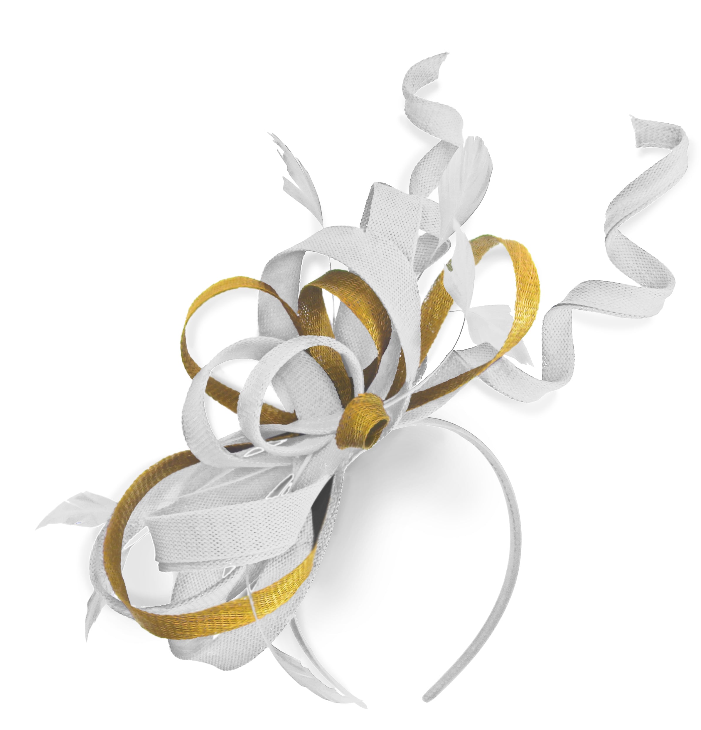 Caprilite White and Gold Wedding Swirl Fascinator Headband Alice Band Ascot Races Loop Net