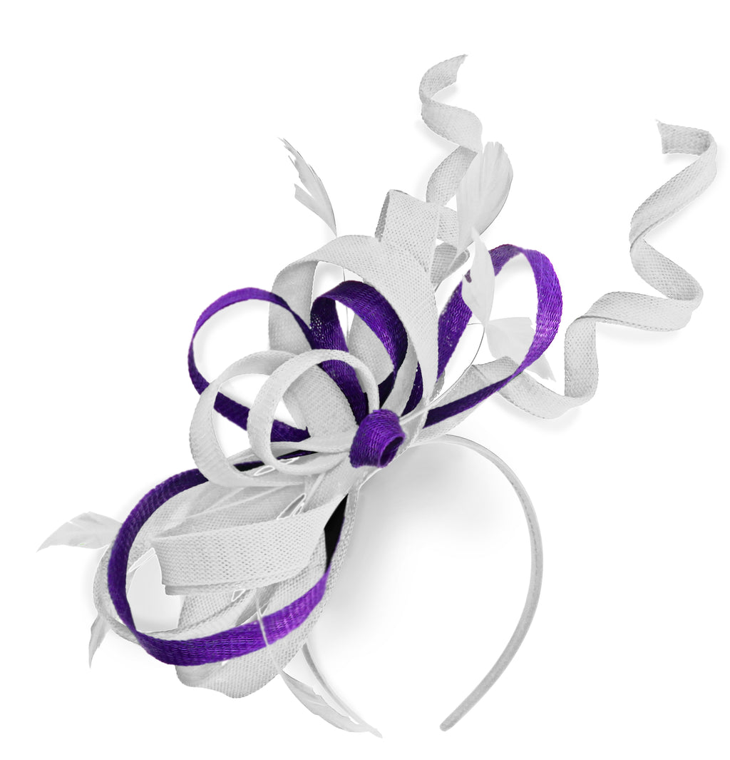 Caprilite White and Purple Wedding Swirl Fascinator Headband Alice Band Ascot Races Loop Net