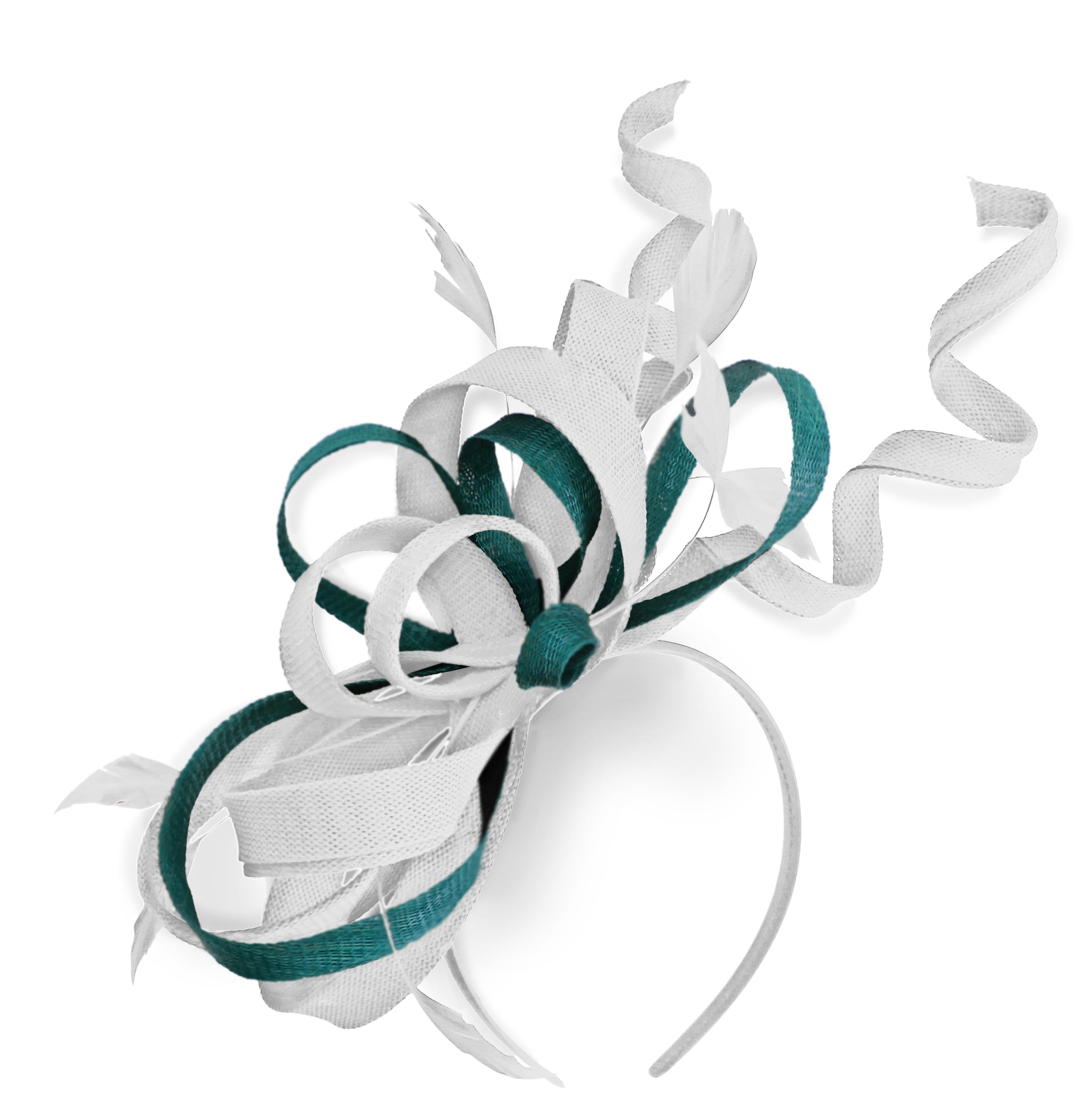 Caprilite White and Teal Wedding Swirl Fascinator Headband Alice Band Ascot Races Loop Net