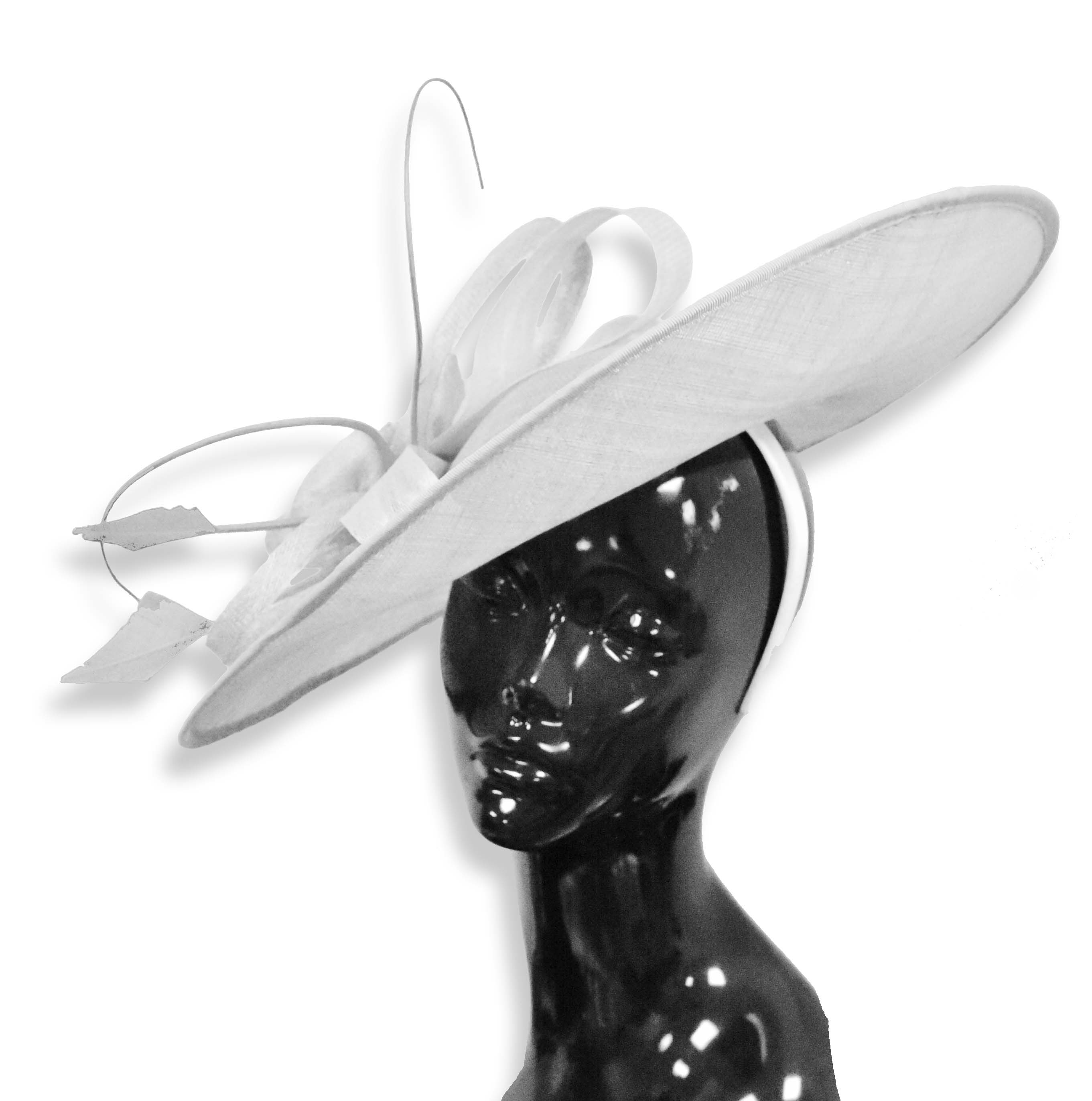 White Silver Mix 41cm Large Sinamay Hatinator Disc Saucer Brim Hat Fascinator on Headband