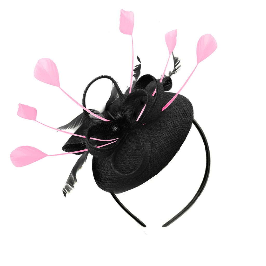 Black and Baby Pink Round Pillbox Bow Sinamay Headband Fascinator Weddings Ascot Hatinator Races