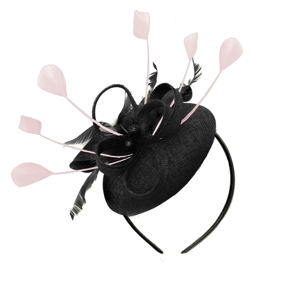 Rond noir et blush pilulier arc Sinamay bandeau bibi mariages Ascot Hatinator courses