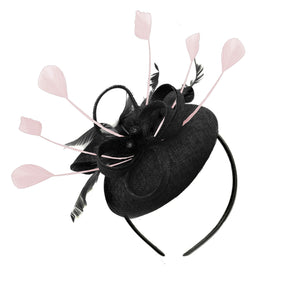 Round Black and Blush Pillbox Bow Sinamay Headband Fascinator Weddings Ascot Hatinator Races
