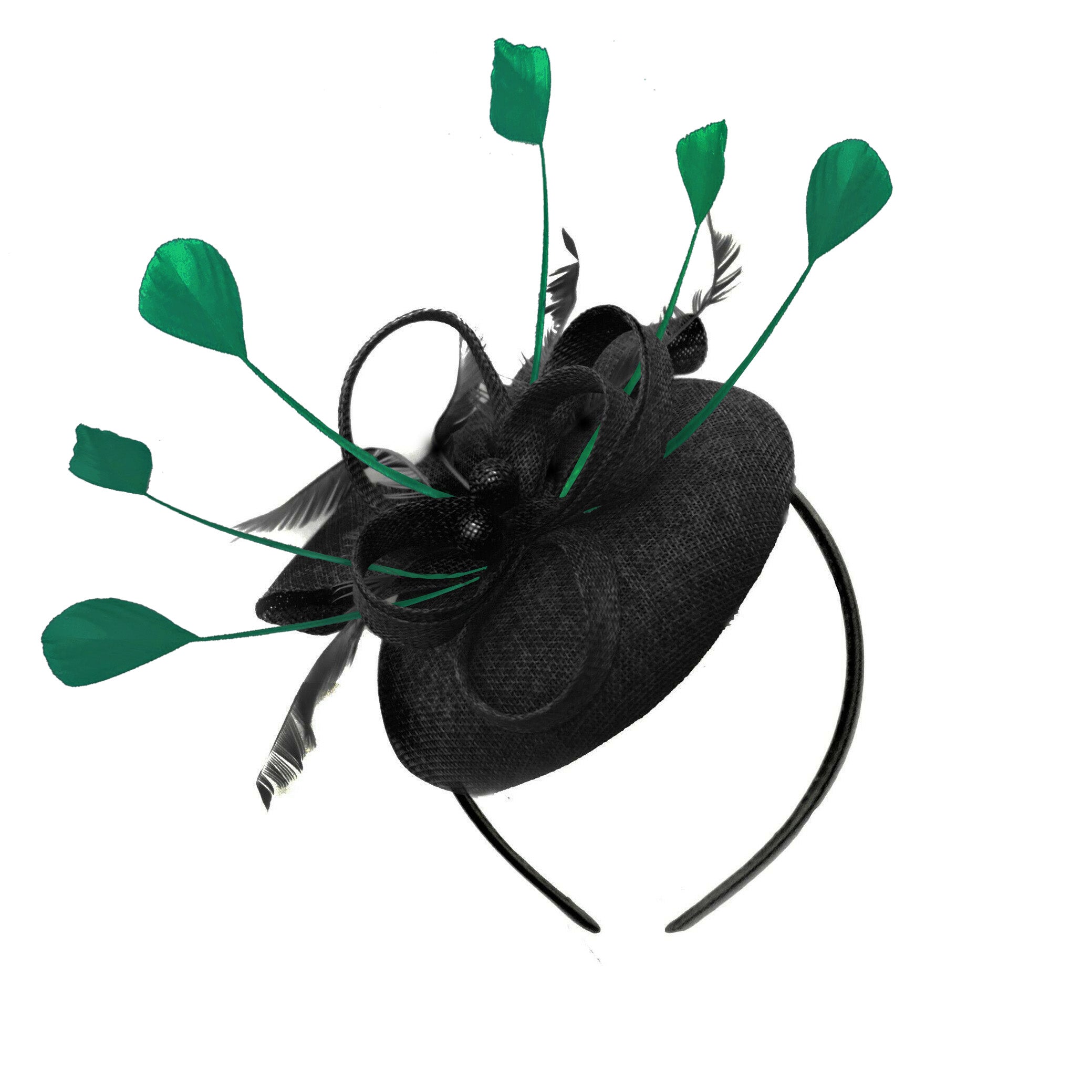 Rond noir et vert foncé pilulier arc Sinamay bandeau bibi mariages Ascot Hatinator courses