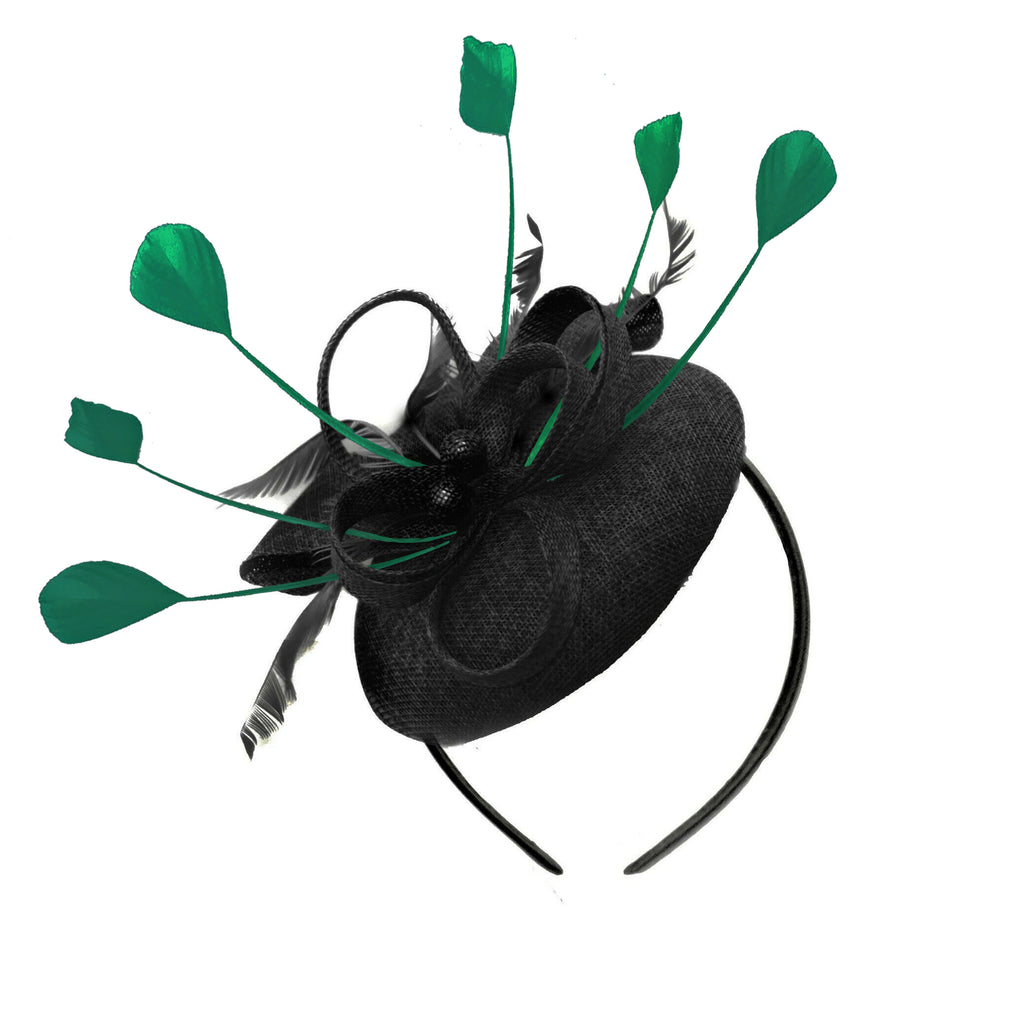 Round Black and Dark Green Pillbox Bow Sinamay Headband Fascinator Weddings Ascot Hatinator Races