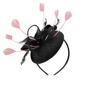Round Black and Dusty Pink Pillbox Bow Sinamay Headband Fascinator Weddings Ascot Hatinator Races