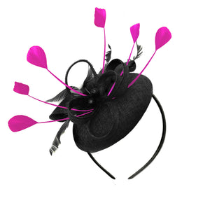 Round Black and Fuchsia Pillbox Bow Sinamay Headband Fascinator Weddings Ascot Hatinator Races