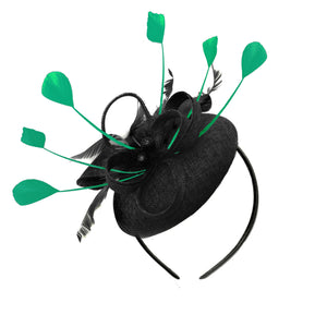 Round Black and Jade Green Pillbox Bow Sinamay Headband Fascinator Weddings Ascot Hatinator Races