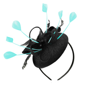 Round Black and Light Turquoise Pillbox Bow Sinamay Headband Fascinator Weddings Ascot Hatinator Races