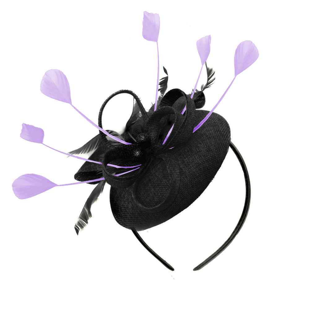 Round Black and Lilac Pillbox Bow Sinamay Headband Fascinator Weddings Ascot Hatinator Races
