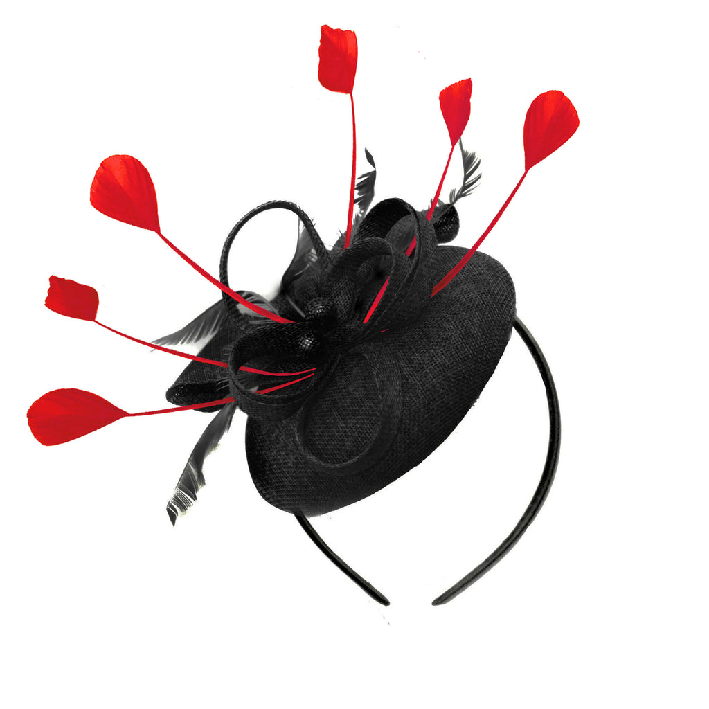 Round Black and Red Pillbox Bow Sinamay Headband Fascinator Weddings Ascot Hatinator Races